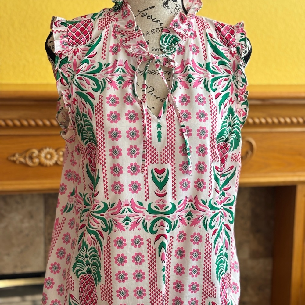 Charter Club Pink and White Ruffled Tie Front Blouse